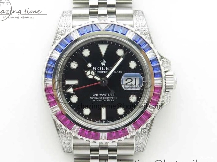 Jubilee Bezel Best II Blue Diamonds GMF Red SA3285 CHS Steel 904L Black On Dial V3 GMT-Master Bracelet Edition 0401